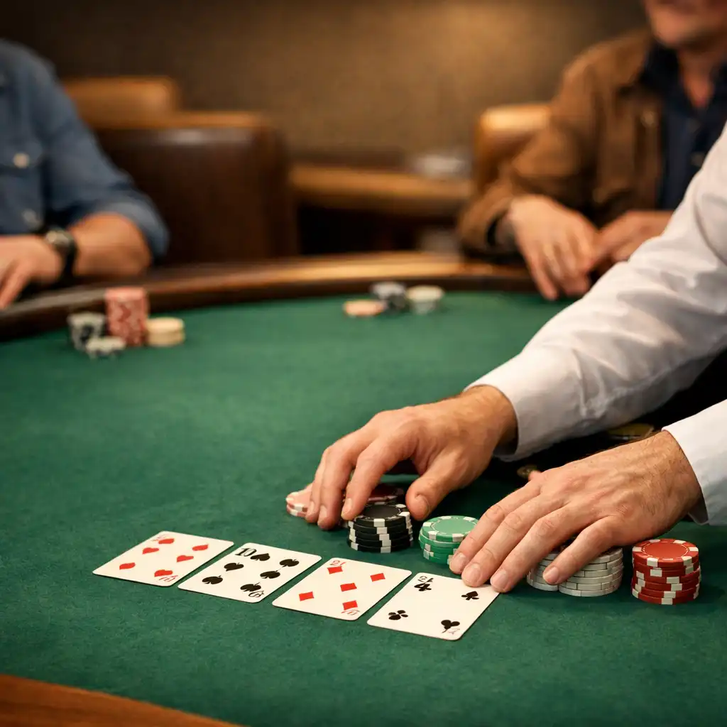 Dealer's hands arranging cards and chips on a felt poker table