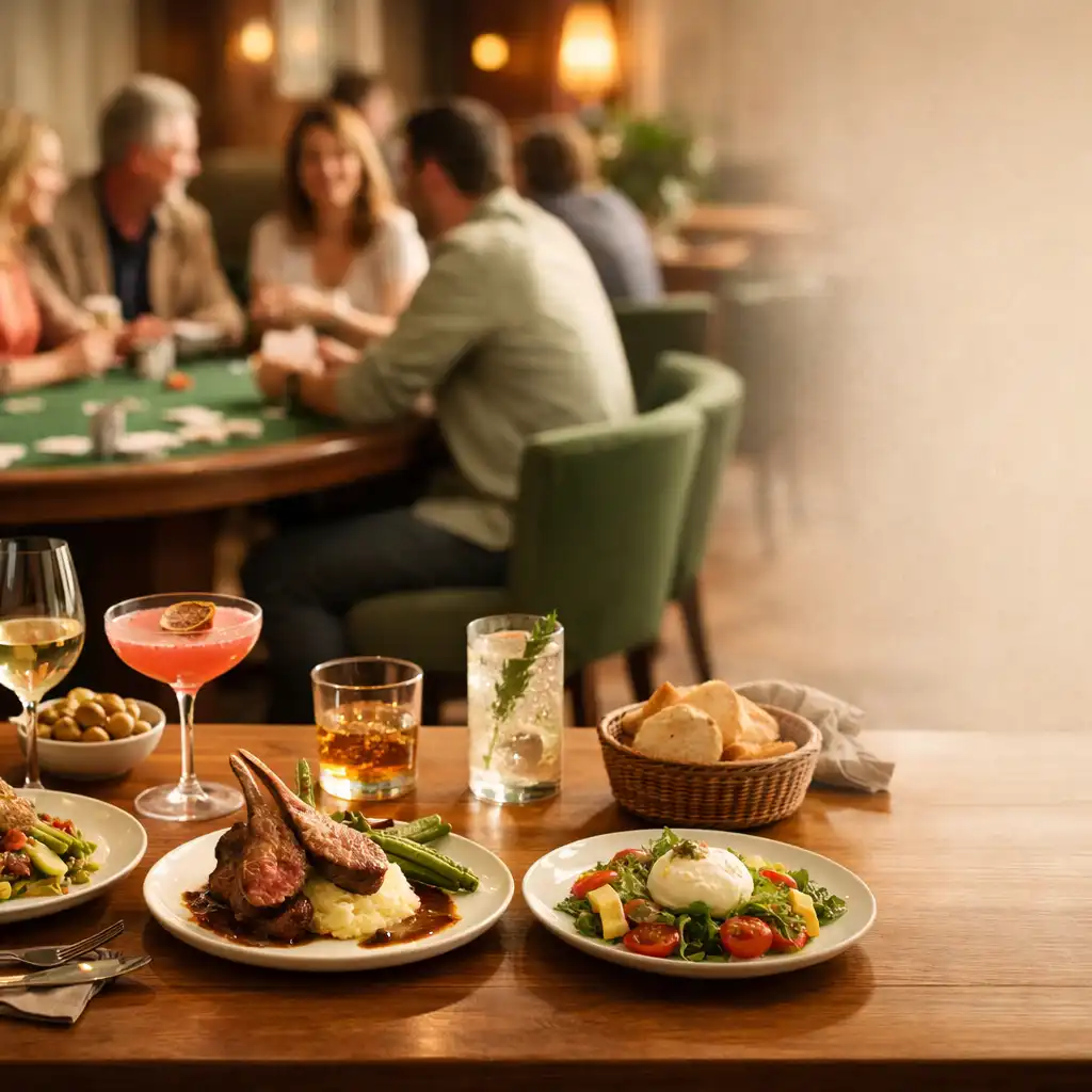 Plated food on a timber table beside Pocketan Dember's welcoming card-room setting