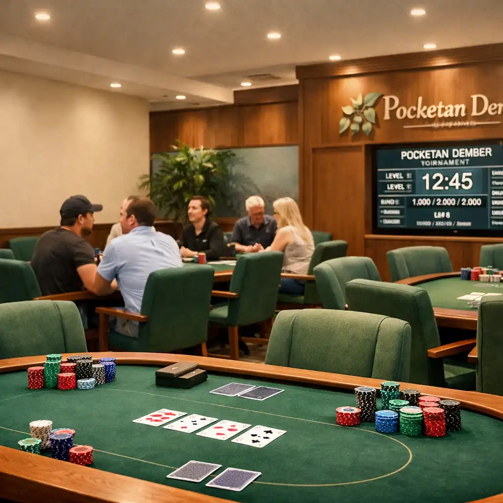 Prepared poker tables, green chairs and relaxed guests in Pocketan Dember's physical card room