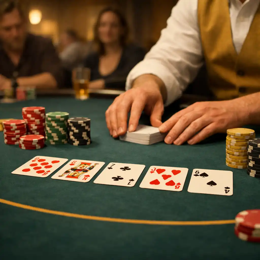 A dealer's hands, cards and poker chips on a physical green felt table.
