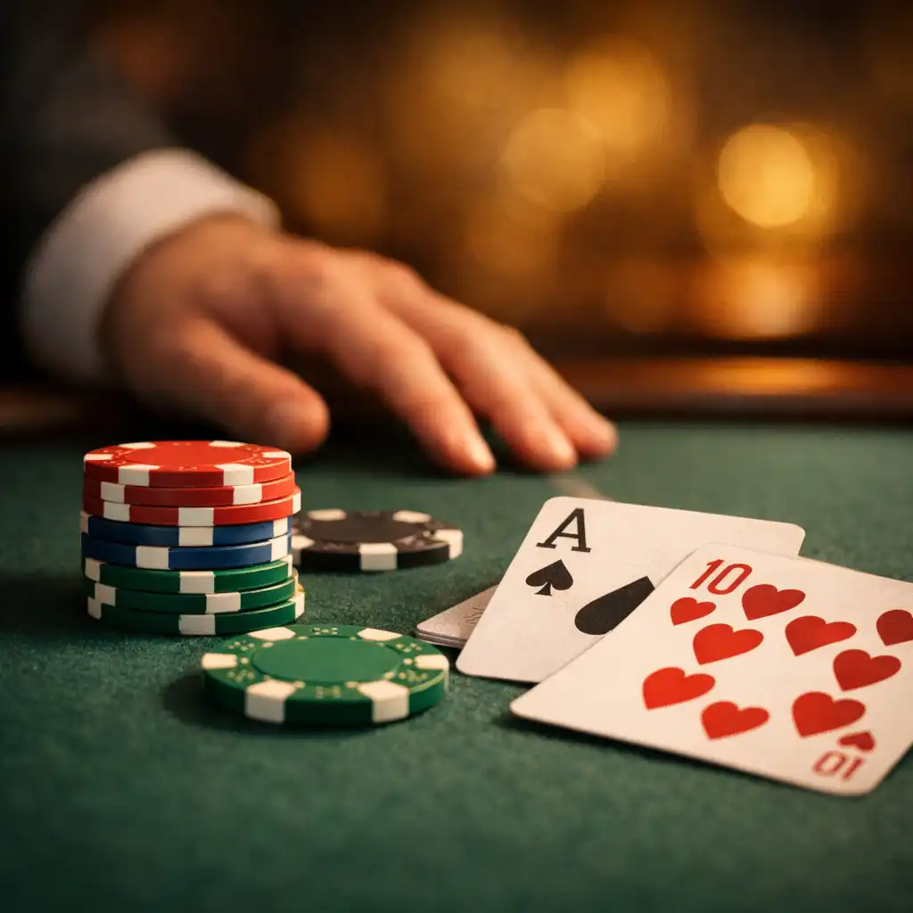 Physical poker chips and playing cards resting on deep eucalyptus felt at a real table.
