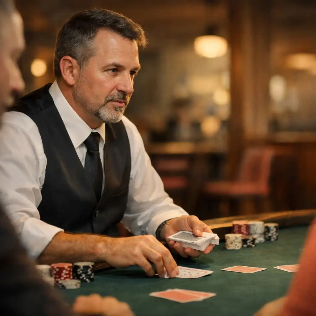 A poker dealer calmly handling physical cards and chips at a live table with participants nearby.