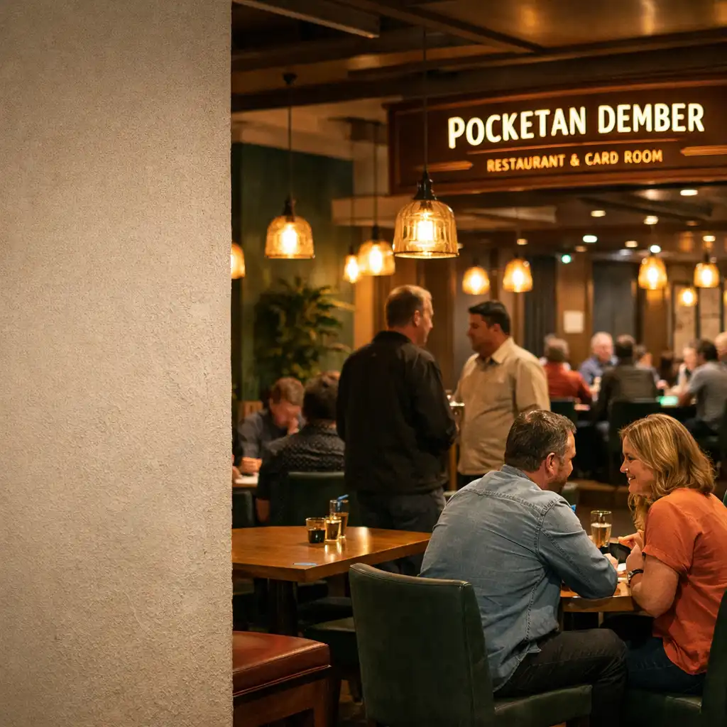 Warmly lit Pocketan Dember restaurant and physical card room in the evening, with timber tables and a poker table in the distance.