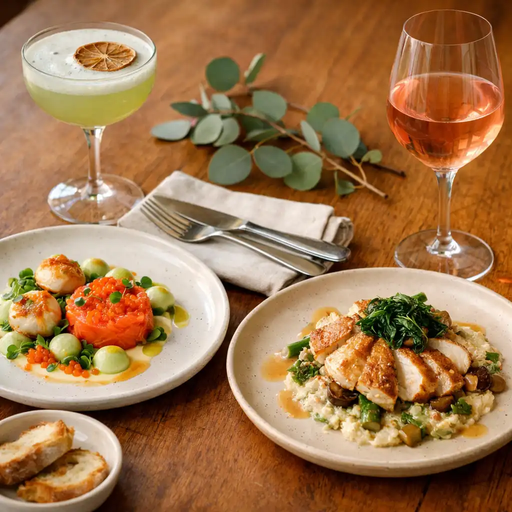 Plated food and two drinks arranged on a warm timber restaurant table.