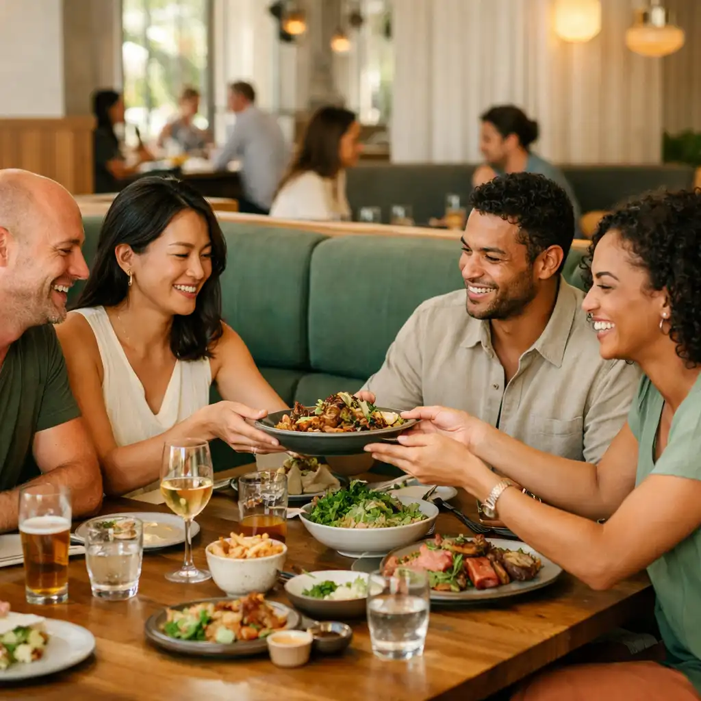 A group of adult friends sharing food and drinks around a timber table in the restaurant.