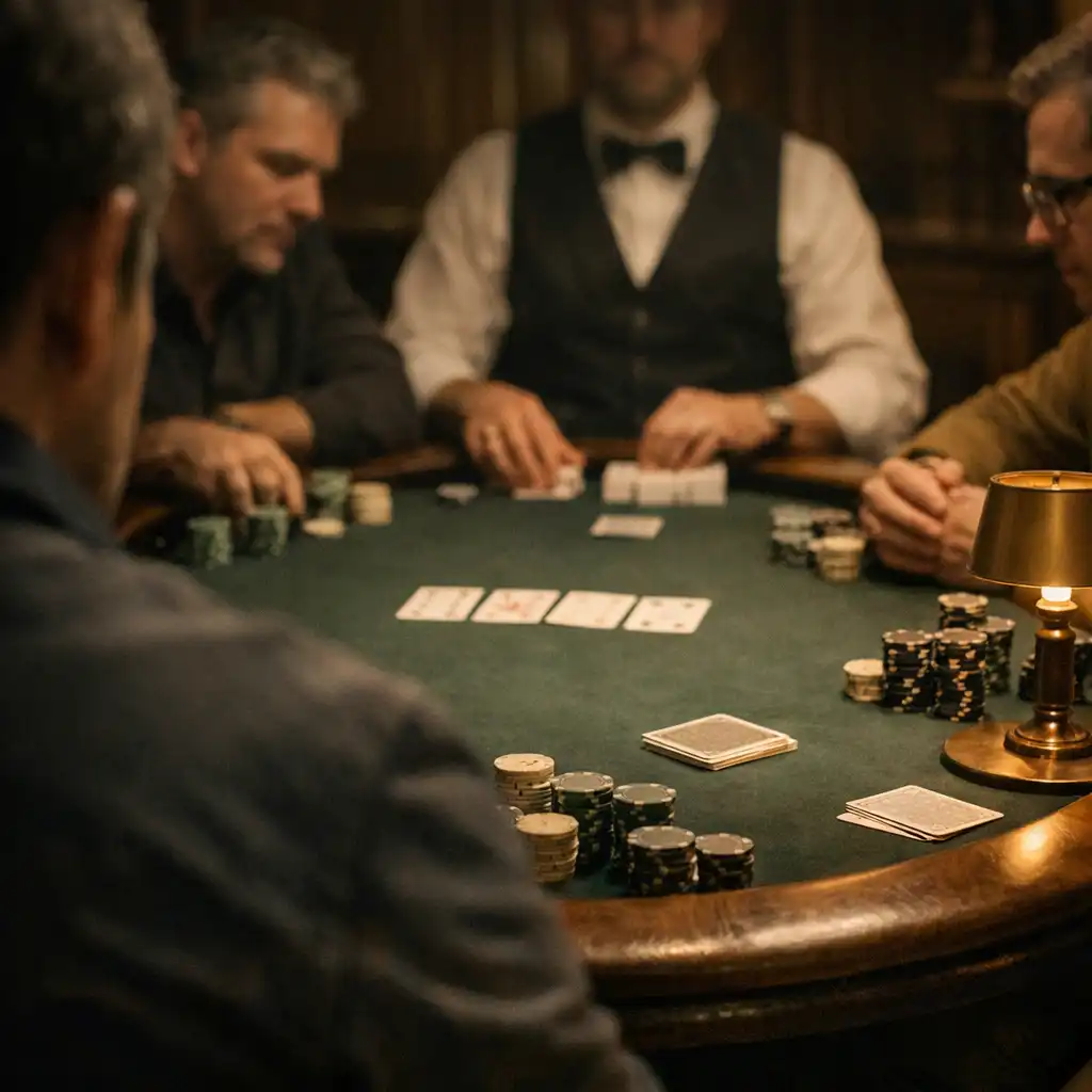 A focused smaller live poker table with participants, chips, cards and a dealer in a refined evening card-room atmosphere.