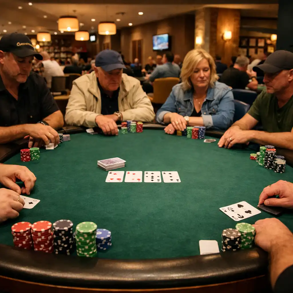 A wide view across a physical green-felt poker table with chips, cards and adults taking part in a live session.