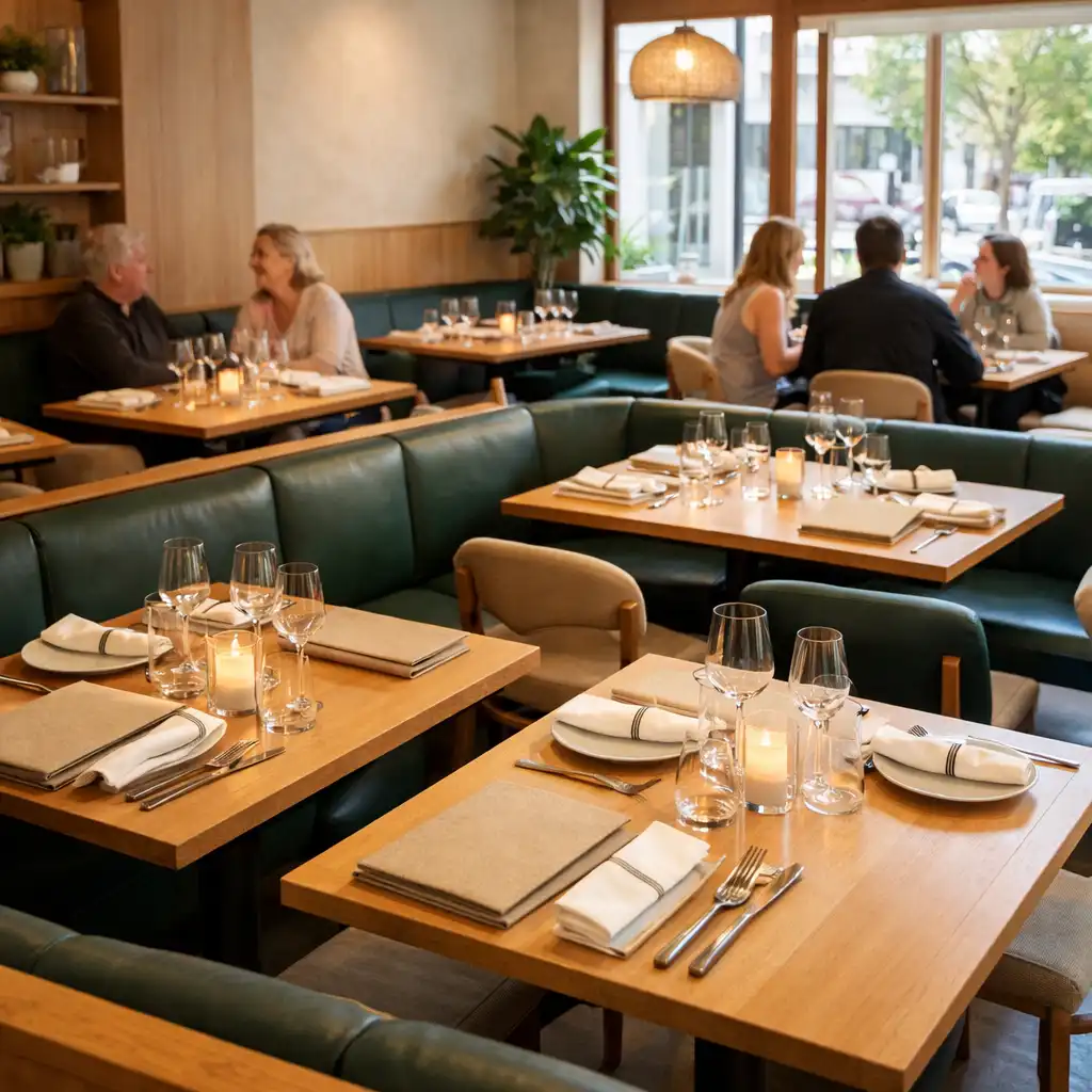 Daylight restaurant interior with timber tables, deep eucalyptus banquette seating and guests in a relaxed shared setting.