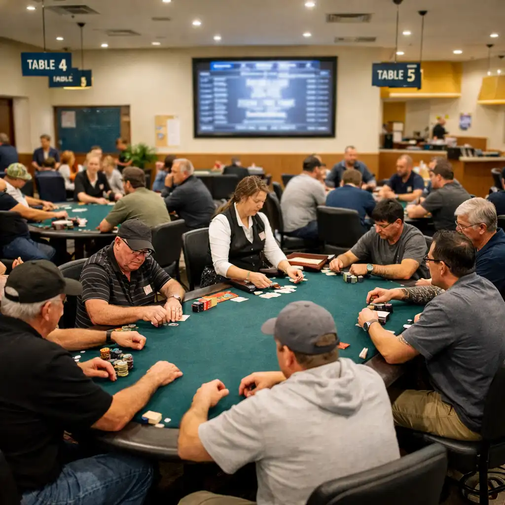 Several active poker tables and dealers during a Texas Hold’em tournament night in the physical card room.
