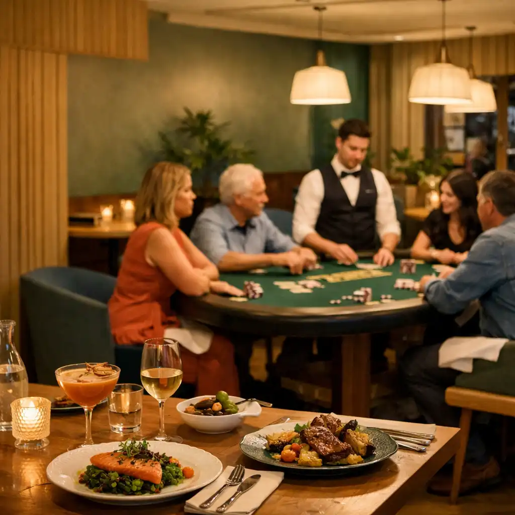 Guests dining near a dealer-led poker table in Pocketan Dember's warm card-room setting.