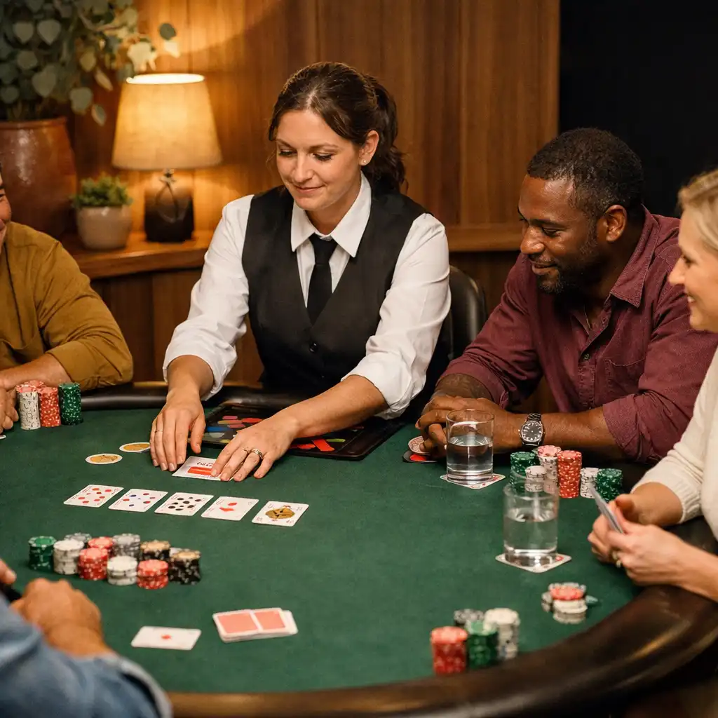 A dealer guides adult guests during an in-person poker game at a green felt table.