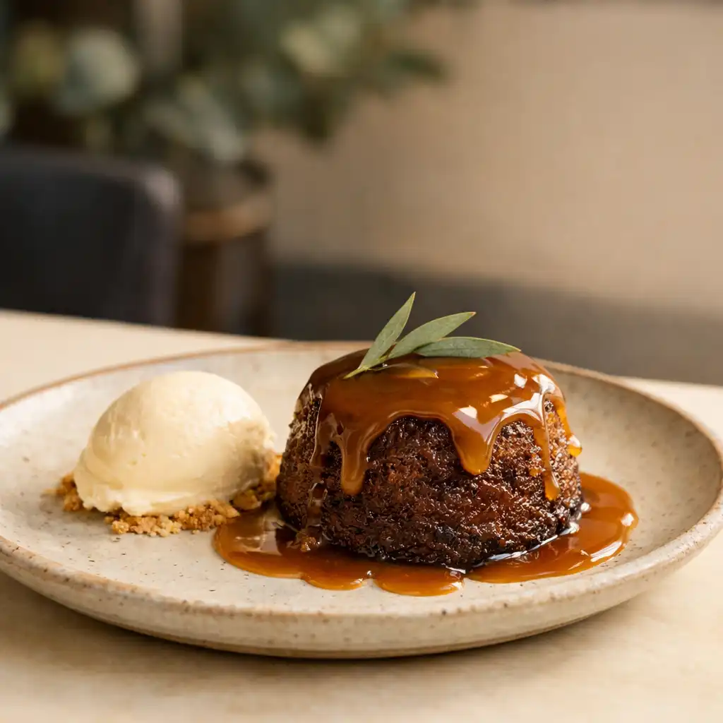 Wattleseed sticky date pudding with caramel sauce and creamy accompaniment