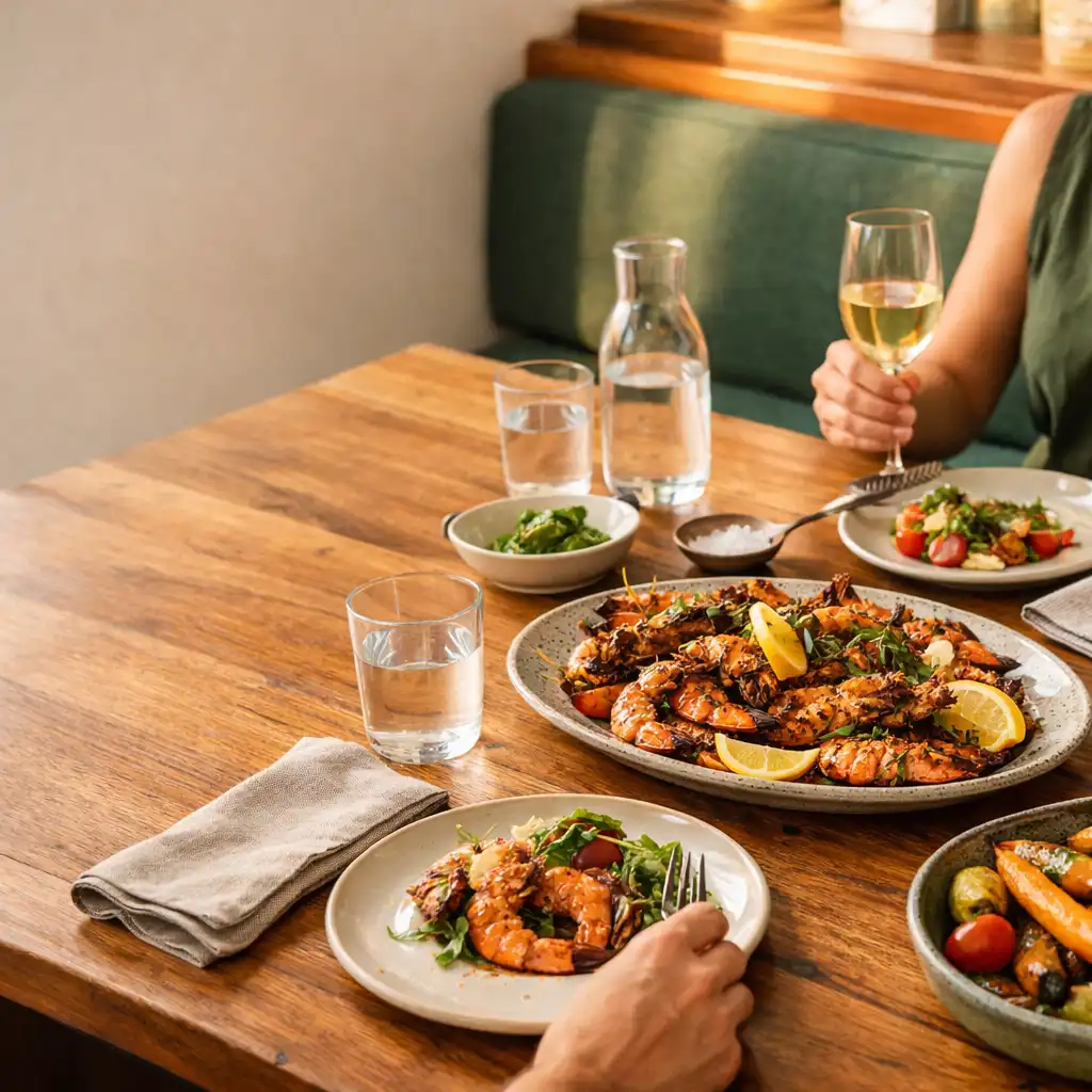 Shared restaurant table with charred prawns, roasted vegetables and ceramic plates at Pocketan Dember