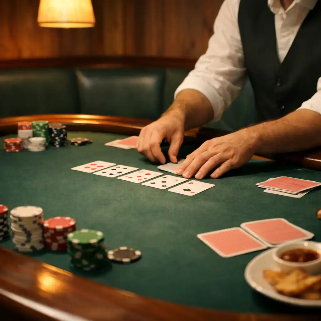 Physical poker table with cards, chips, dealer hands and a small late-night food plate