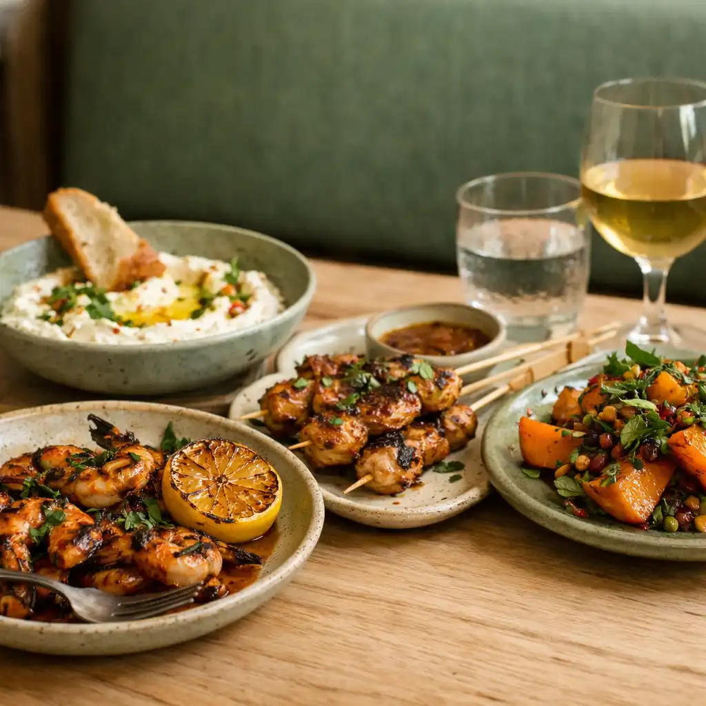 Australian-inspired share plates including charred prawns, skewers and roasted pumpkin