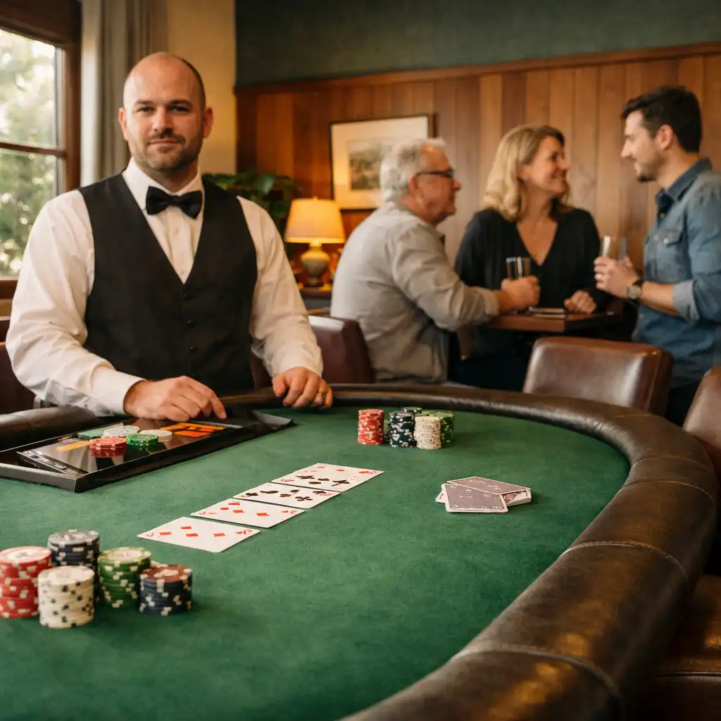 A dealer and guests in Pocketan Dember’s warm physical poker room, with cards and chips on the table