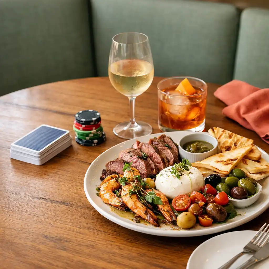 A plated shared meal and drinks beside a closed deck of cards and tidy poker chips at Pocketan Dember