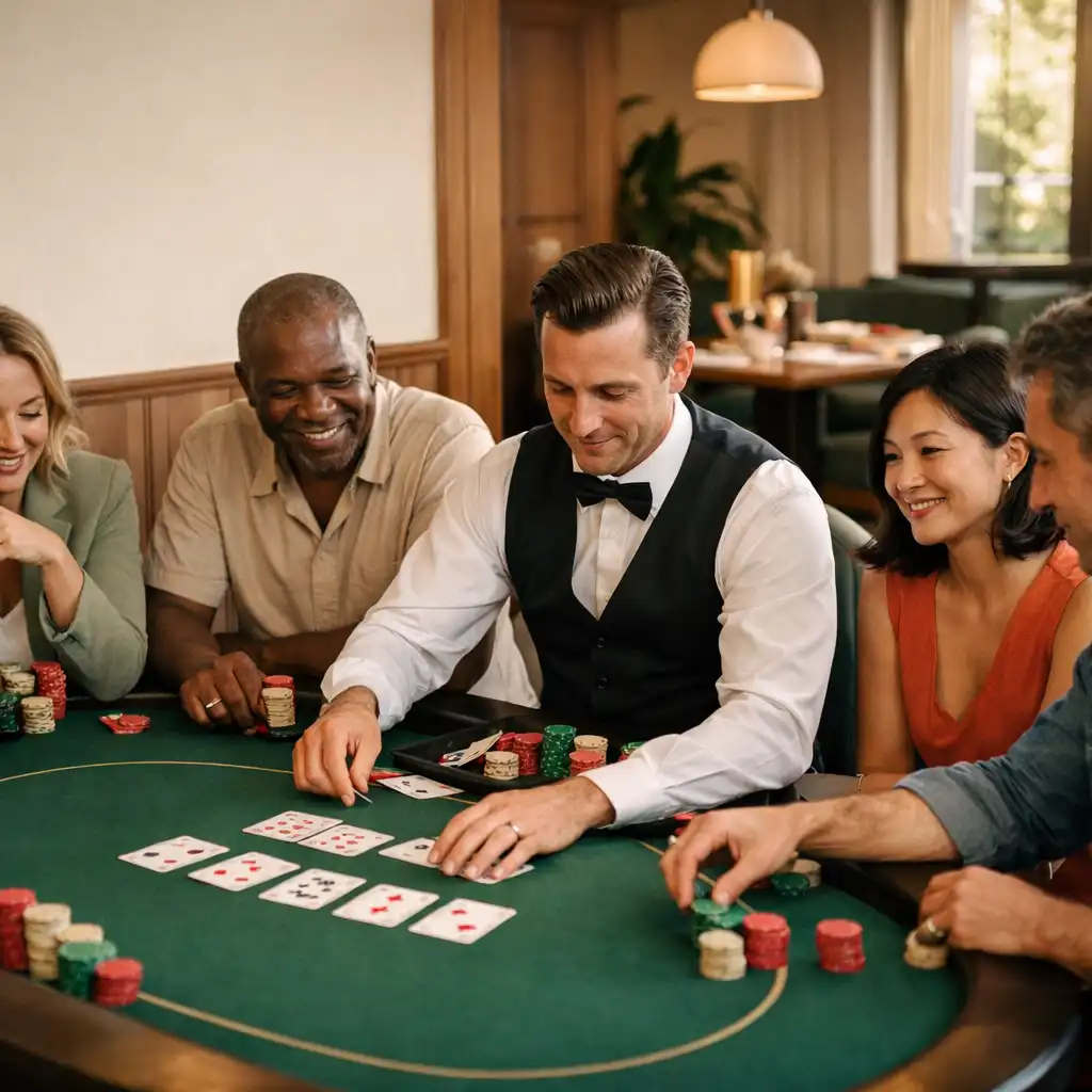 Guests and a dealer gathered around a green felt poker table with cards and chips at Pocketan Dember