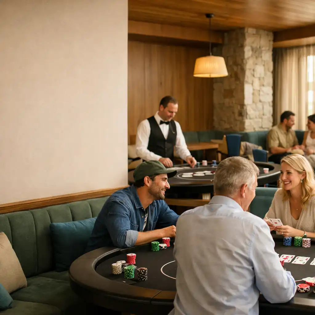 Guests and a dealer gathered around a real poker table in Pocketan Dember’s welcoming card room.