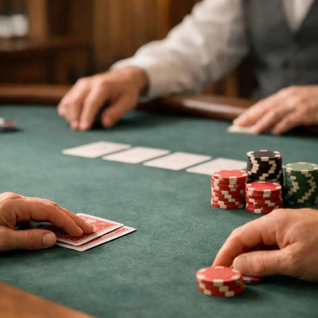 Hands, physical cards and chips at a live Texas Hold’em table with dealer context in the background.