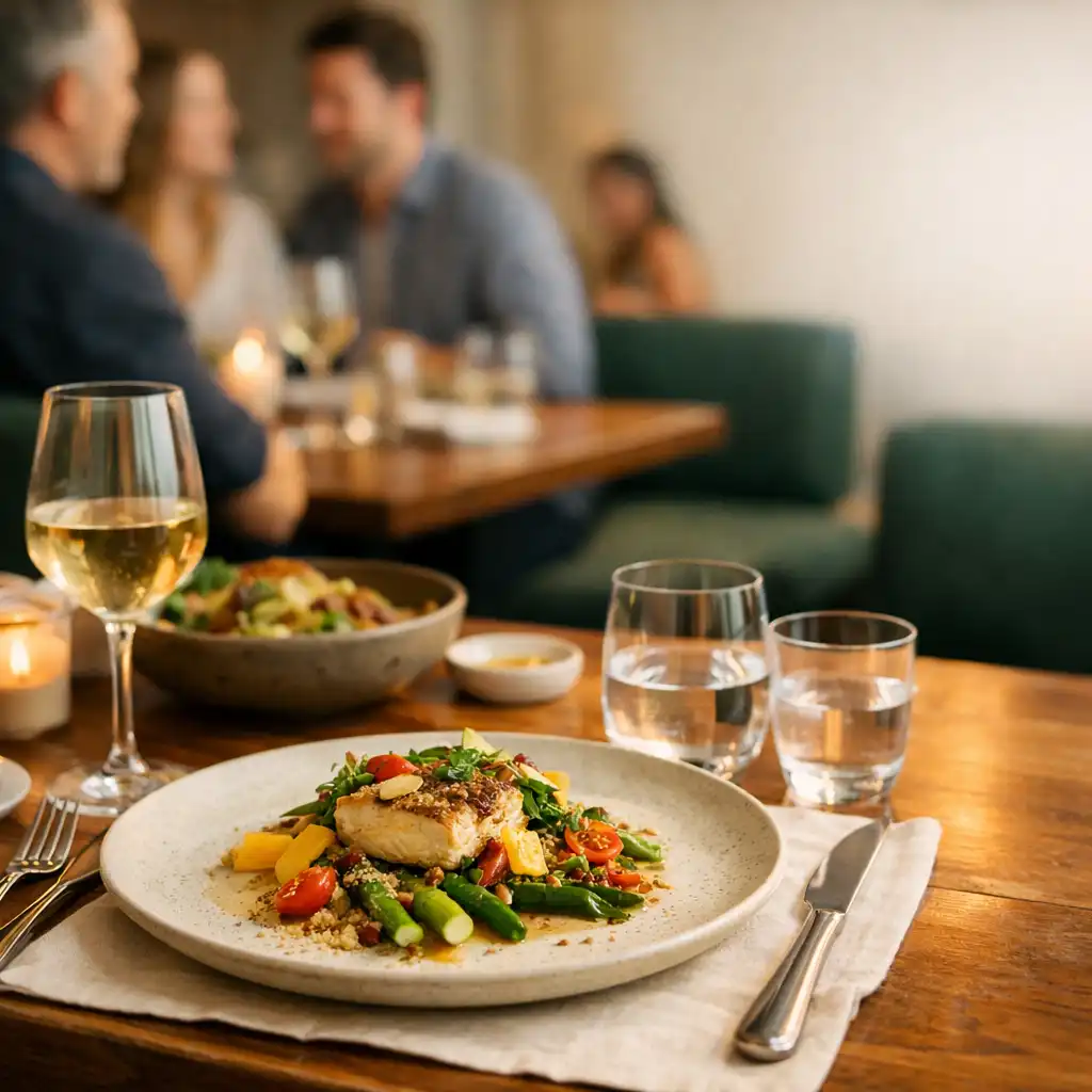 A plated dish and shared restaurant table setting at Pocketan Dember.