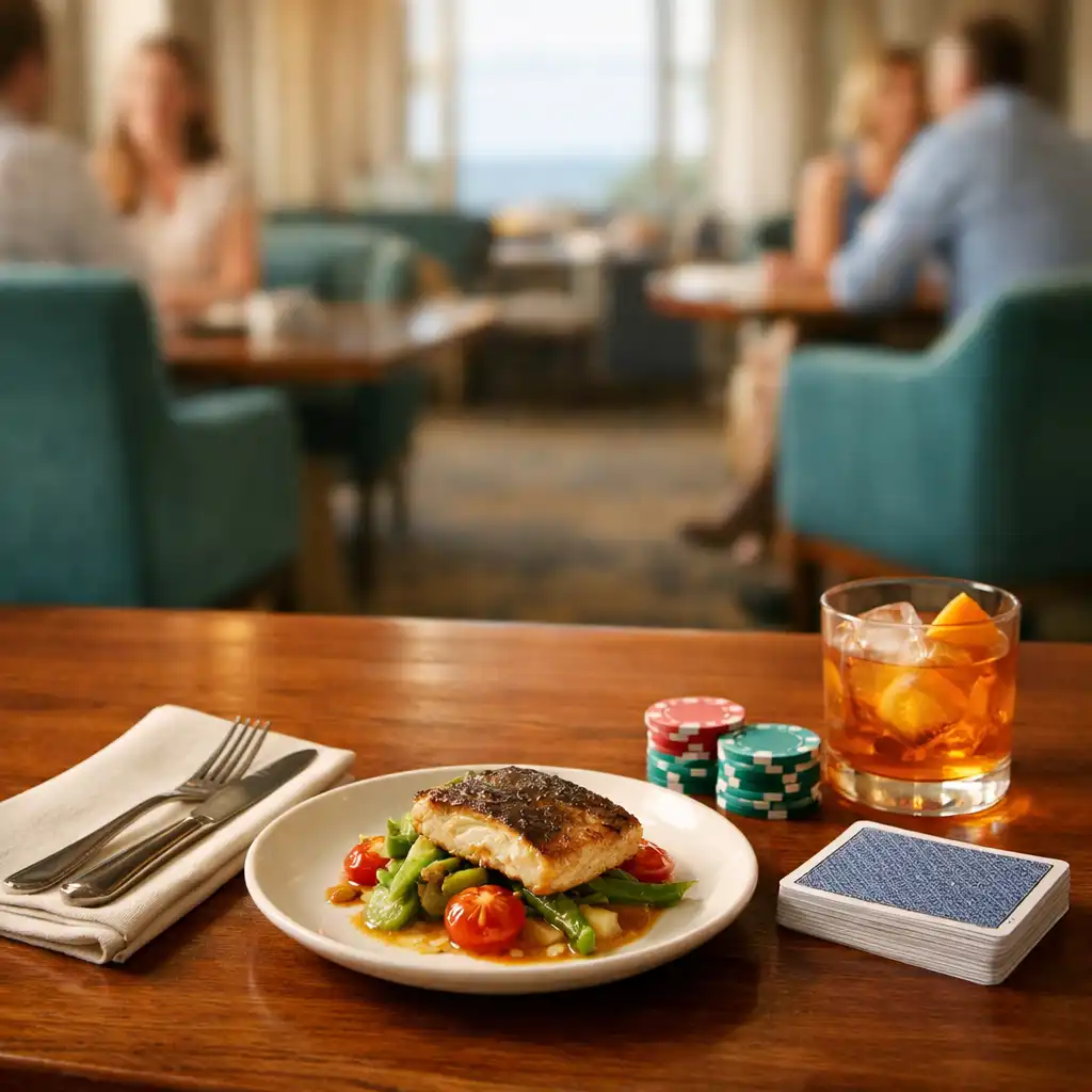 A plated restaurant dish, drink, cards and poker chips on a timber table inside the venue.