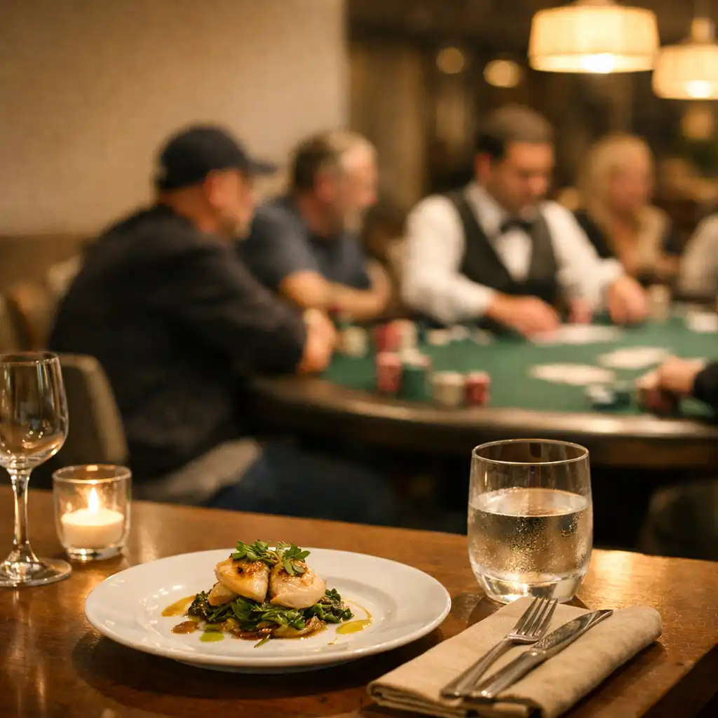 Dinner setting in the foreground with an in-person poker table and dealer in the background