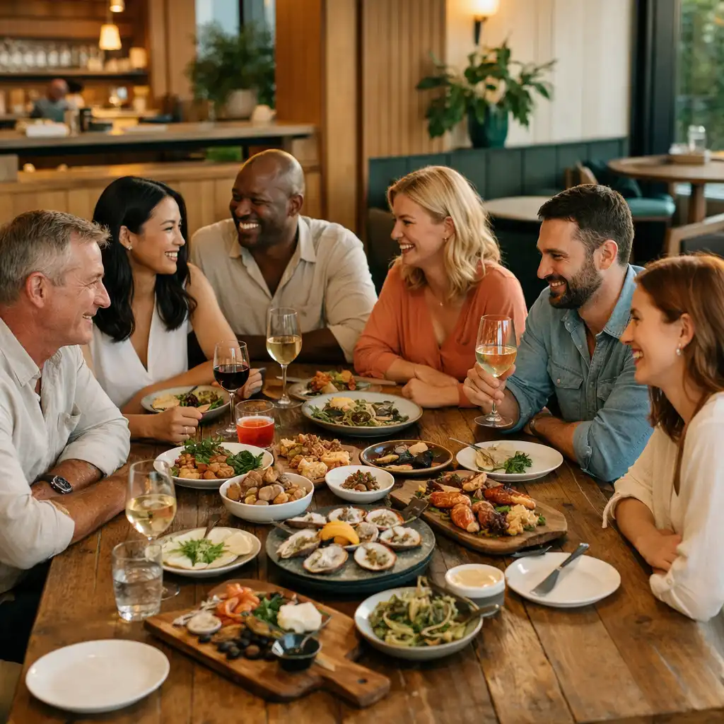 Adult friends sharing food together at a relaxed restaurant celebration