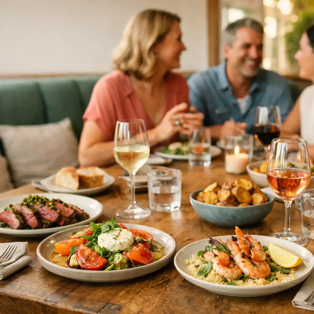 Guests sharing food at a warmly set Pocketan Dember dinner table