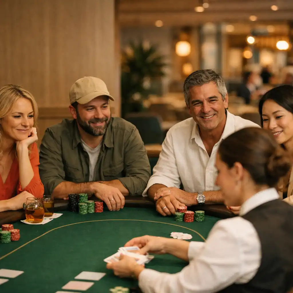 Adult players and a dealer around a green felt poker table in Pocketan Dember’s card room
