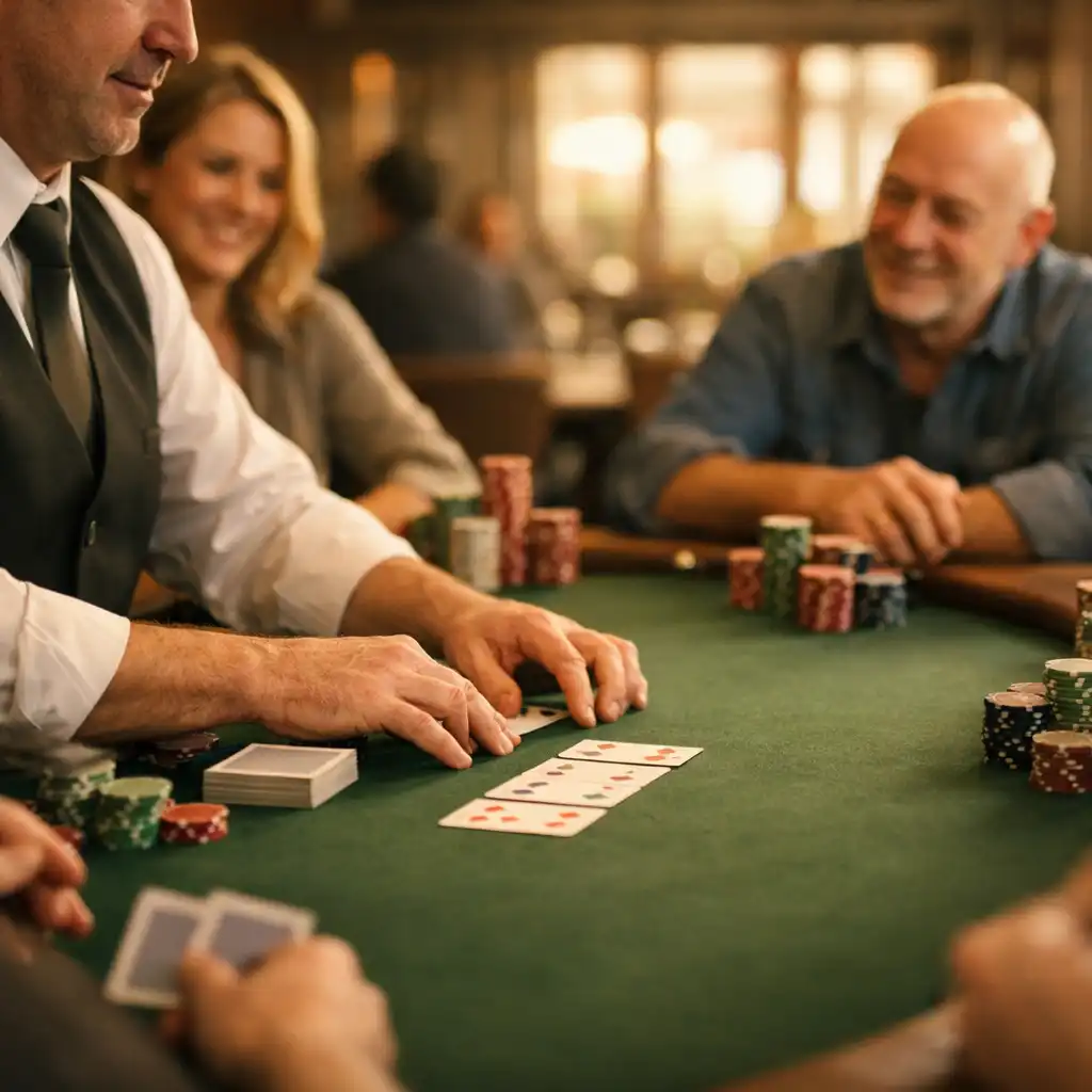 Dealer guiding a face-to-face Texas Hold’em table with cards and chips