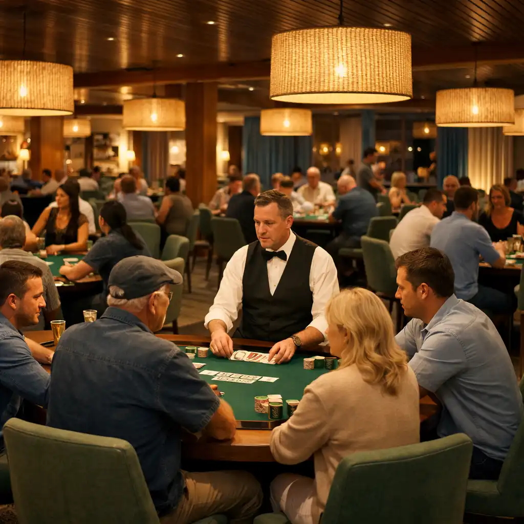 Wide view of several live poker tables and a dealer in a warm card room